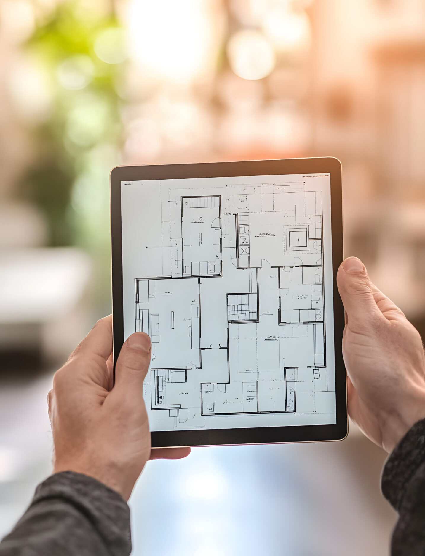 Hands Holding Tablet Displaying House Blueprint