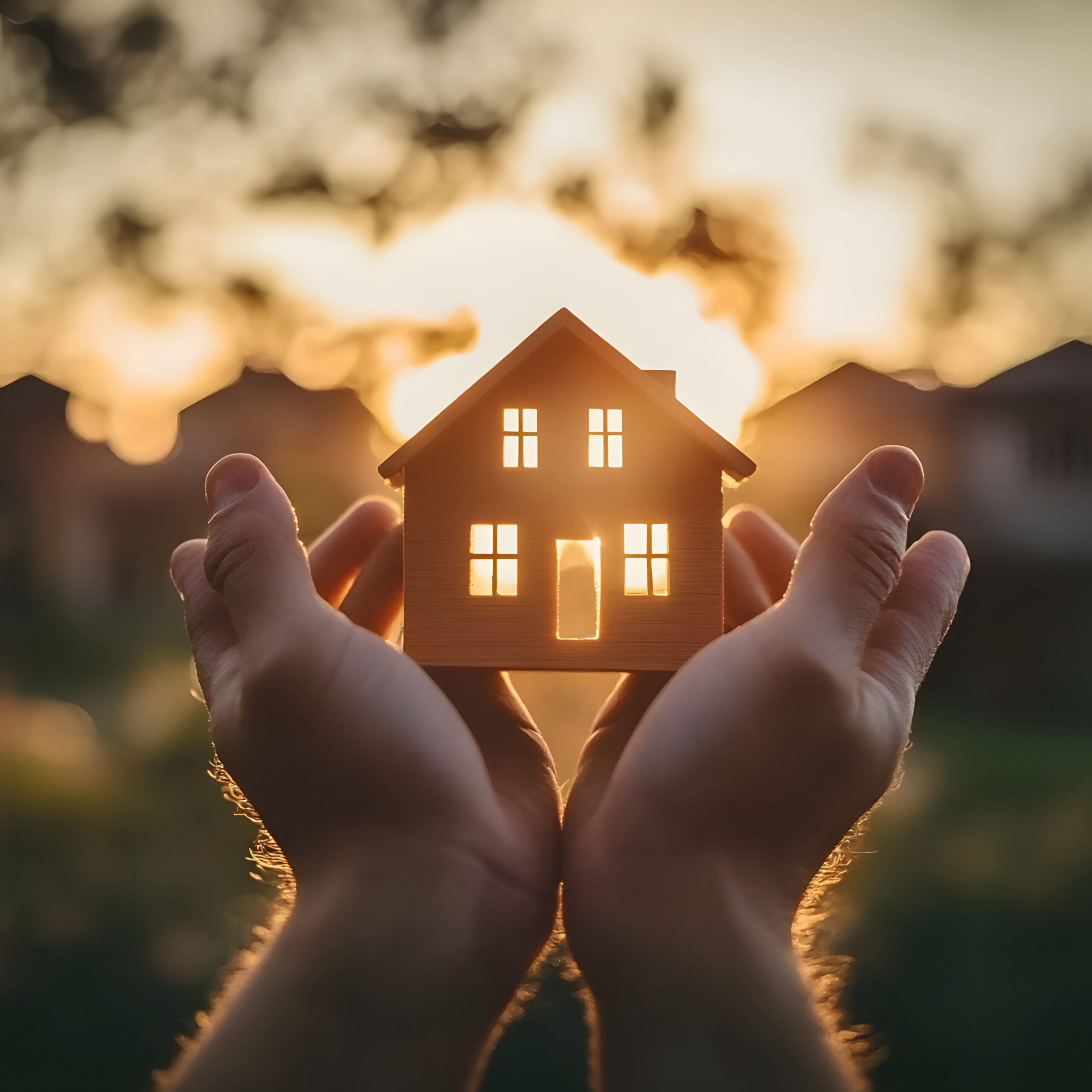 Die Hand einer Frau hält elegant ein Musterhaus, das Wohneigentum symbolisiert.